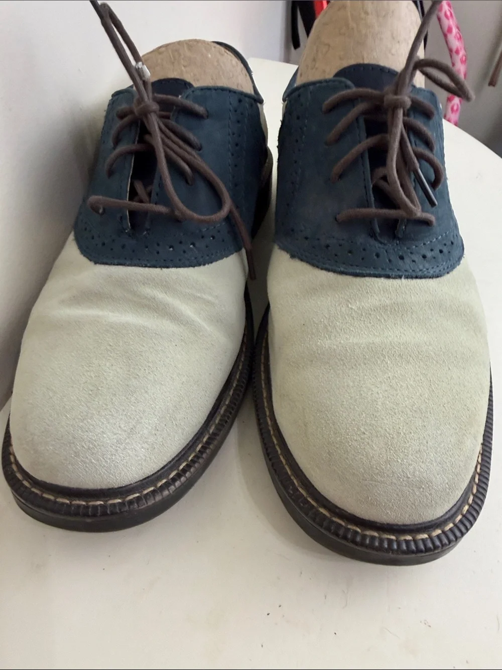 (2046) Men's Two-Tone Suede & Leather Oxford Shoes - Navy and Cream, Size: 8.5